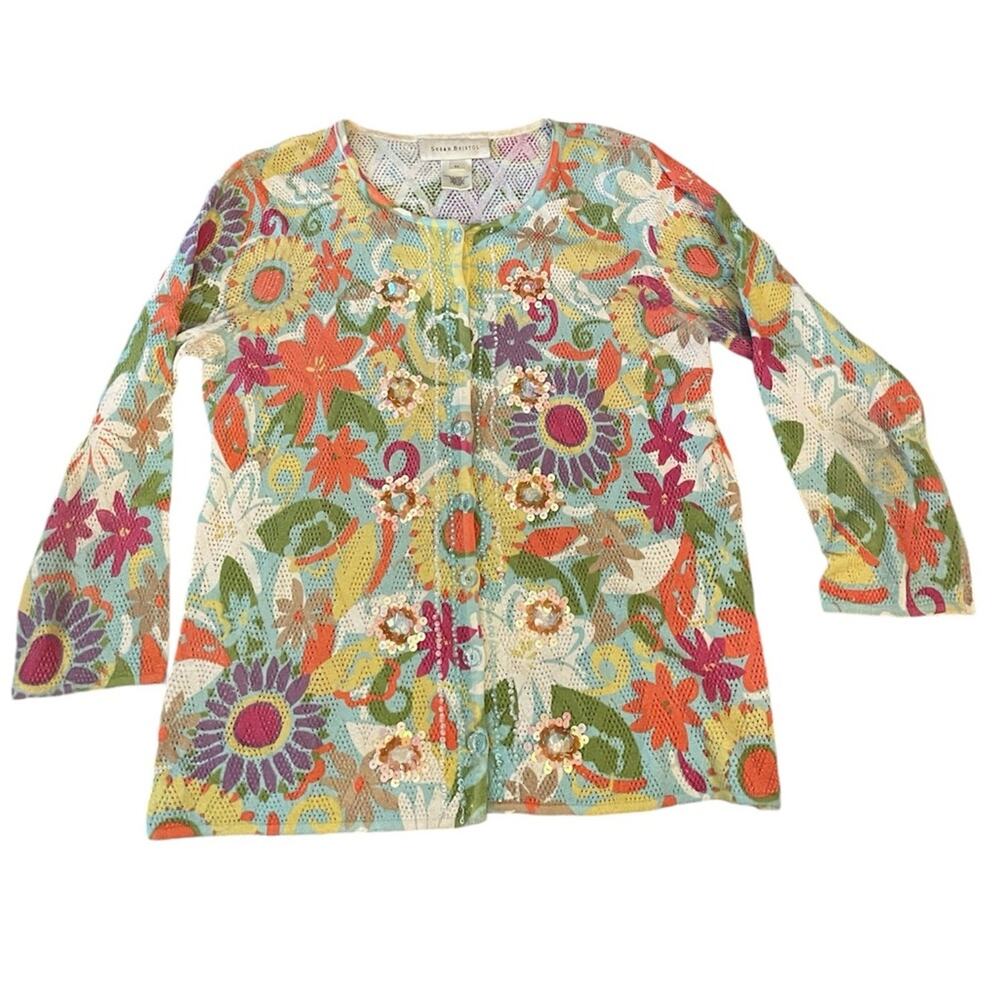 Vintage Open Knit Coastal Sequin Floral Cardigan Medium Hippie Breezy Resort - Picture 2 of 7
